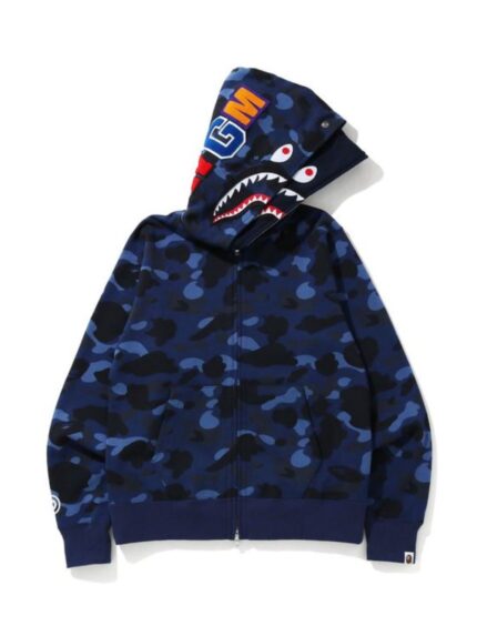 BAPE Color Camo Shark Wide Full Zip Double Hoodie – Navy